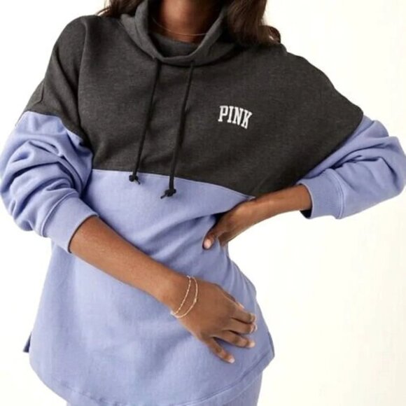 PINK Victoria's Secret Tops - PINK Victoria's Secret Womens Periwinkle Grey Blk Varsity Cowl Neck Sweatshirt M